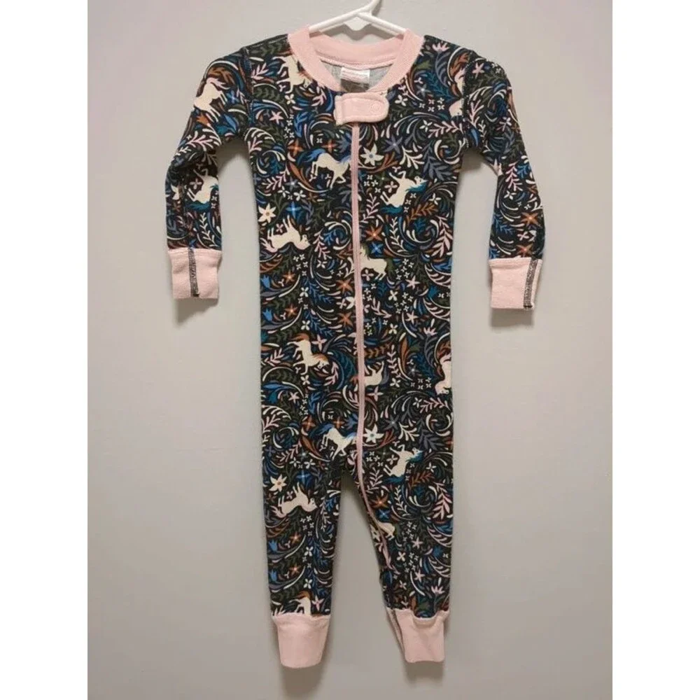 Hanna Andersson Black Floral Unicorn Organic Cotton Pajamas Sleeper 80 18/24 Mon